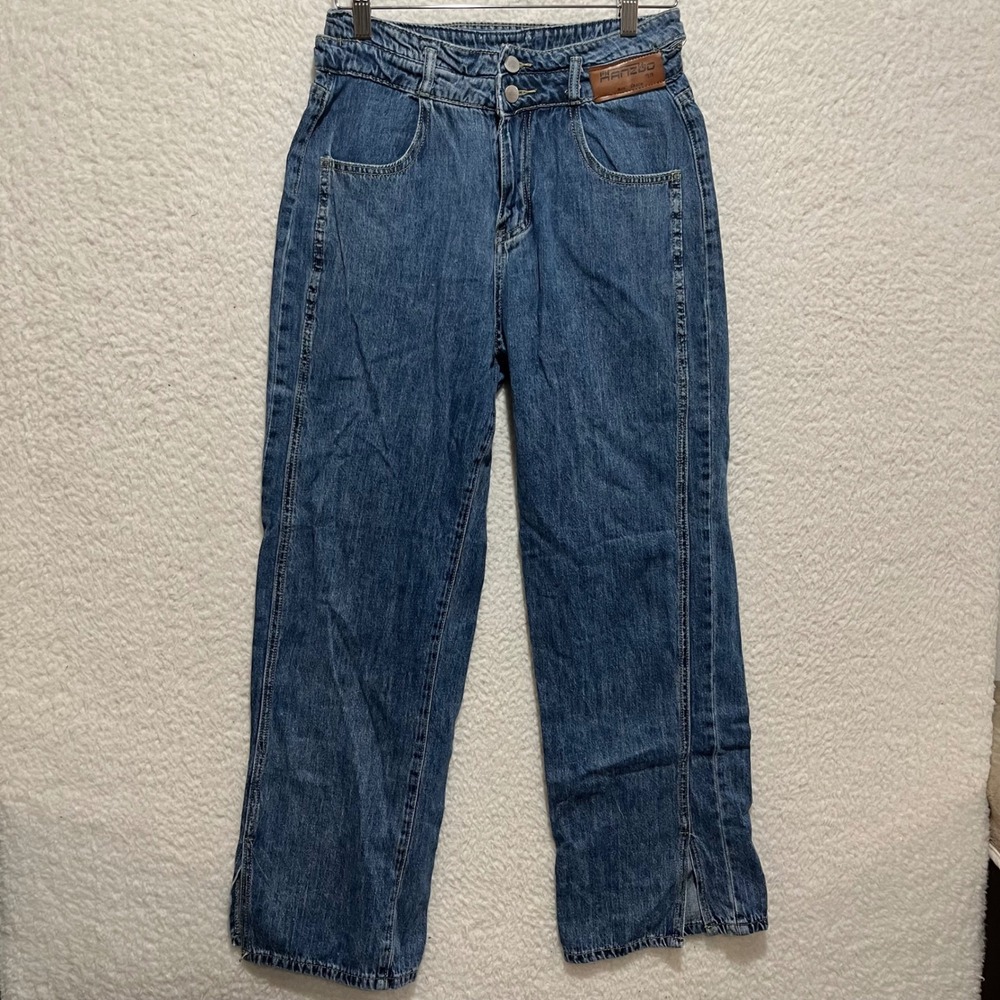 Sugar Vintage‎ Wash Denim Jeans Women Wide Leg Split Hem Button Fly Medium Wash